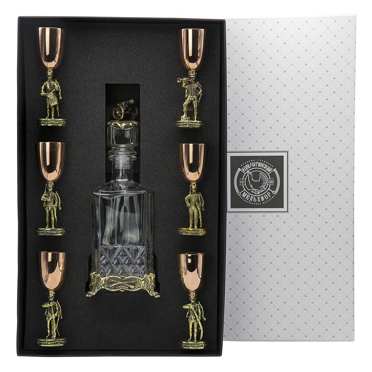 Набор Кольчугинский Мельхиор Охотничий домик штоф и 6 рюмок