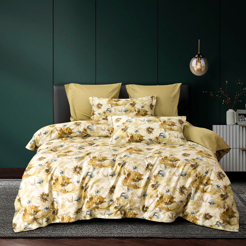 

Комплект постельного белья семейный Anabella Asabella цветы на горчично-бежевом, простыня горчичная, Разноцветный