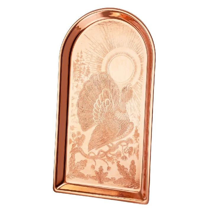 Поднос для чая медный Кольчугинский Мельхиор Глухарь с гравировкой