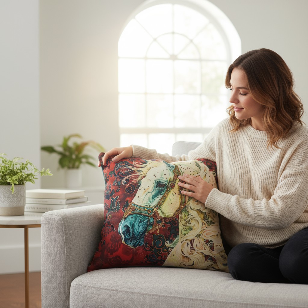 

Подушка декоративная Фабрика Лошади Белый конь на красном фоне