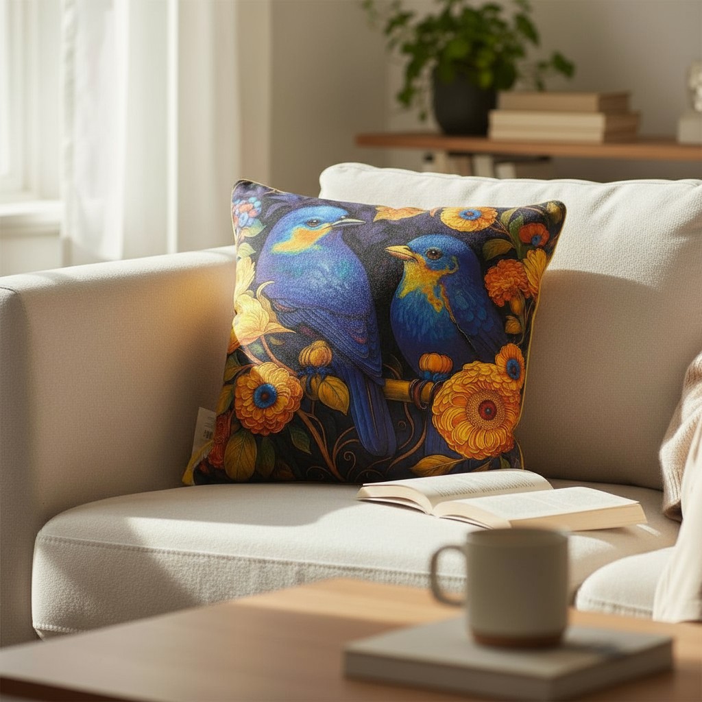 Подушка декоративная Фабрика Цветы Синие птички в желтых цветах 1500₽