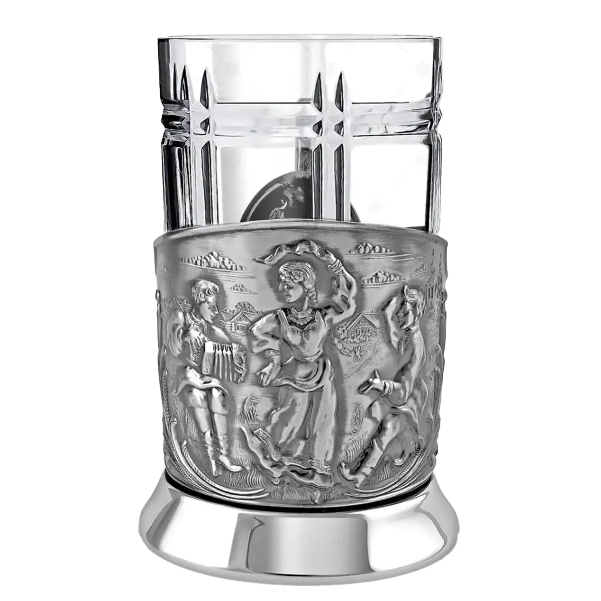 Стакан в подставканнике Кольчугинский Мельхиор Русские пляски никель с чернением