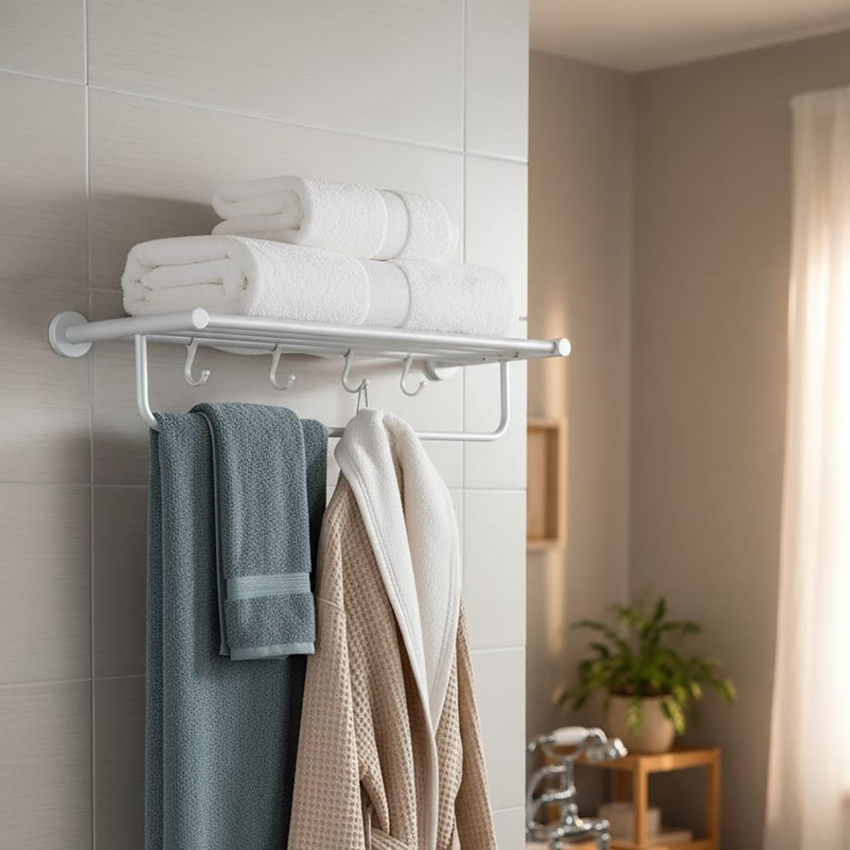 

LUGANO Полочка-держатель для полотенец с крючками, 61.2 x 22.2 x 13 см , алюм.