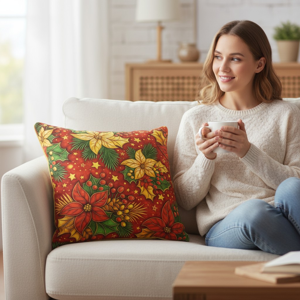 

Подушка декоративная Фабрика Узоры Рождественский узор, пуатенсия белая