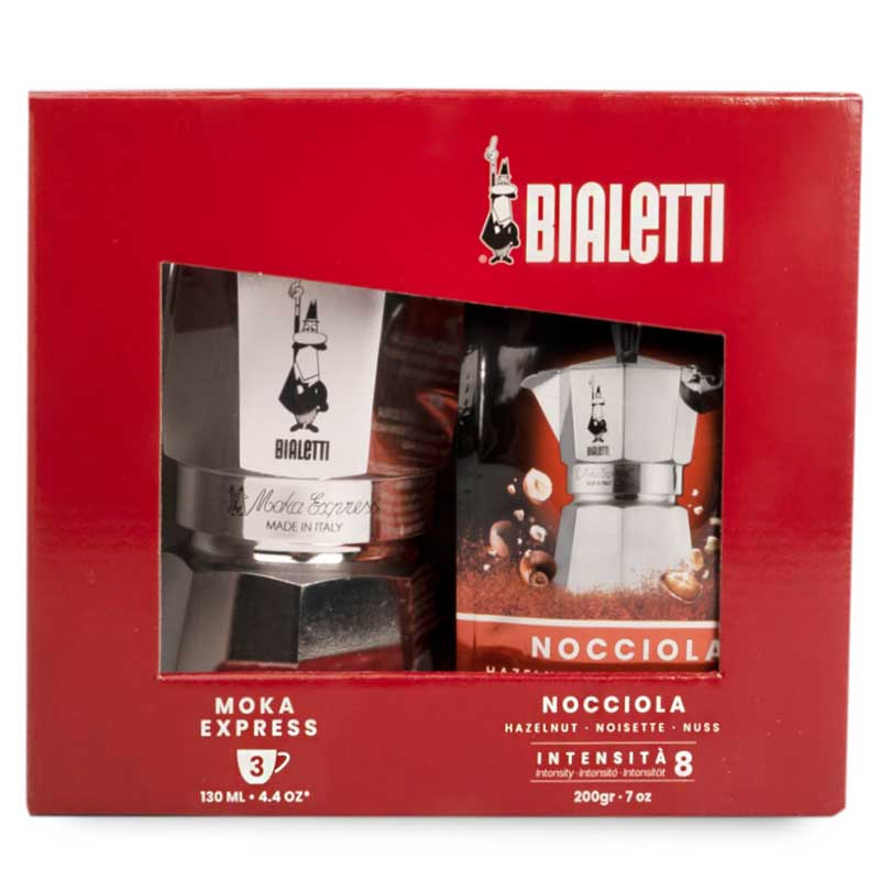 Набор Bialetti Moka Express: гейзерная кофеварка на 3 порции и молотый кофе Hazelnut 200гр