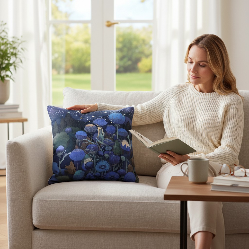 

Подушка декоративная Фабрика Цветы Синие васильки в ночи