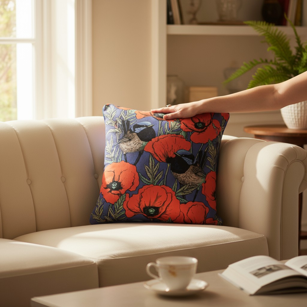 

Подушка декоративная Фабрика Цветы Красно-розовые маки на синем фоне