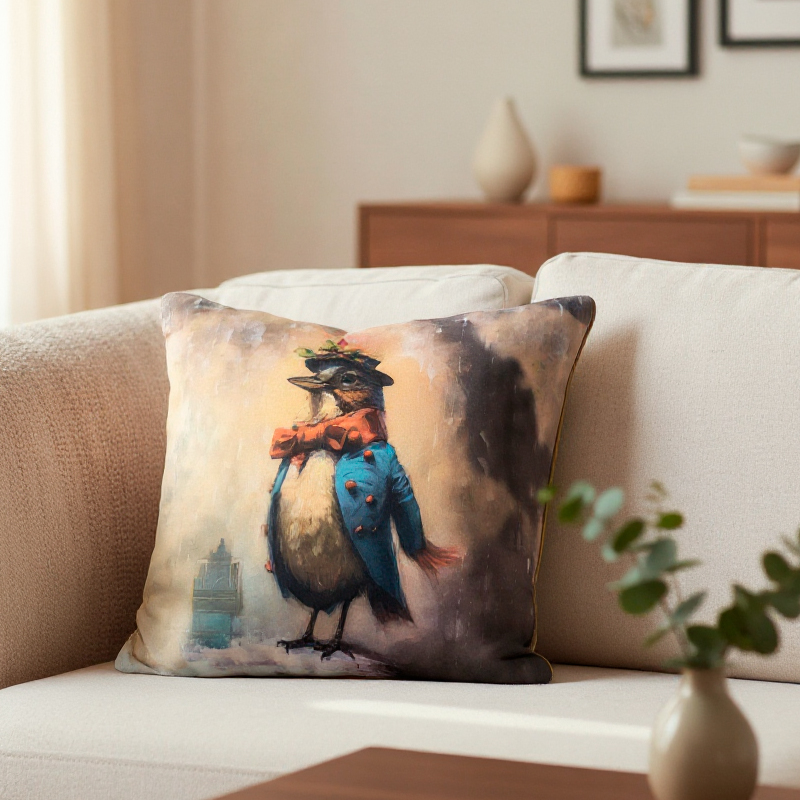 

Подушка декоративная Фабрика Стильные птички Птичка в пальто и в шляпке