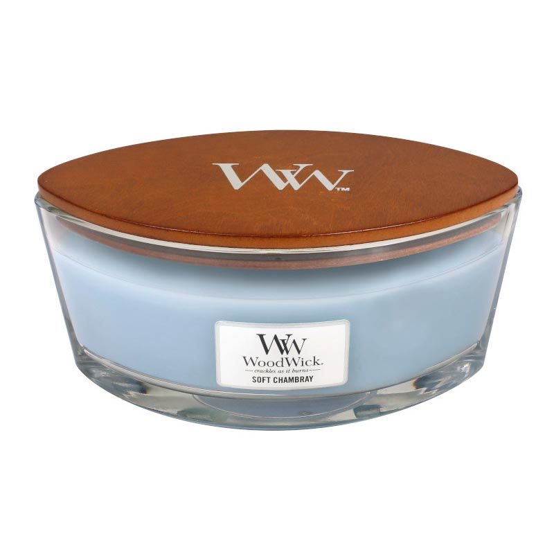 

Аромасвеча Woodwick эллипс Мягкая шамбре, Голубой