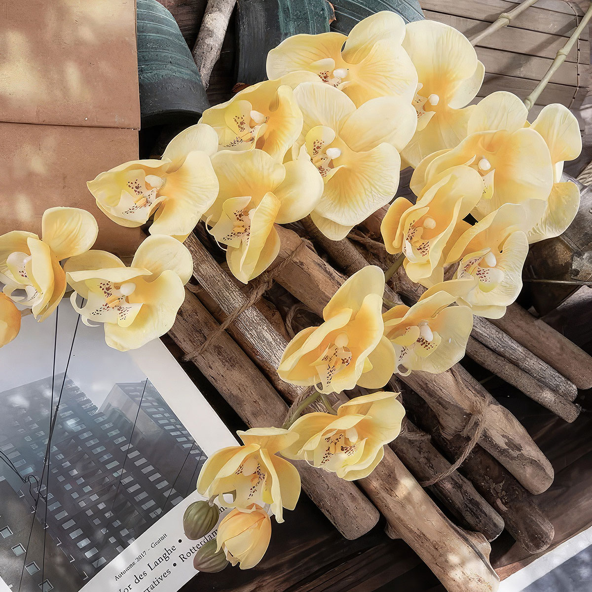 Цветы искусственные FloDecor Орхидея 96см, цвет желтый