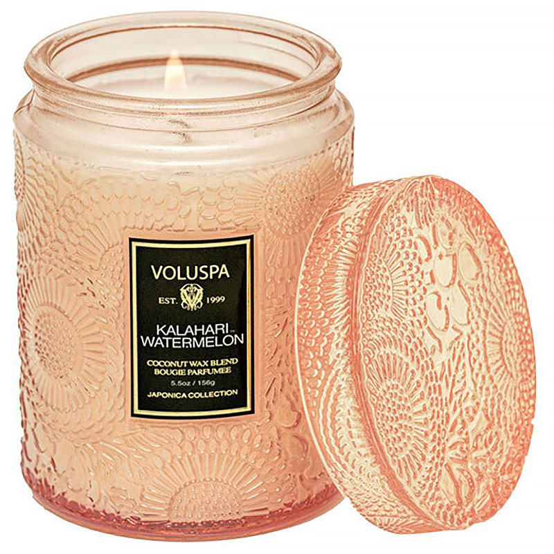 Свеча ароматическая Voluspa Калахарский арбуз в маленькой стеклянной банке со стеклянной крышкой Voluspa 73527, цвет розовый - фото 2