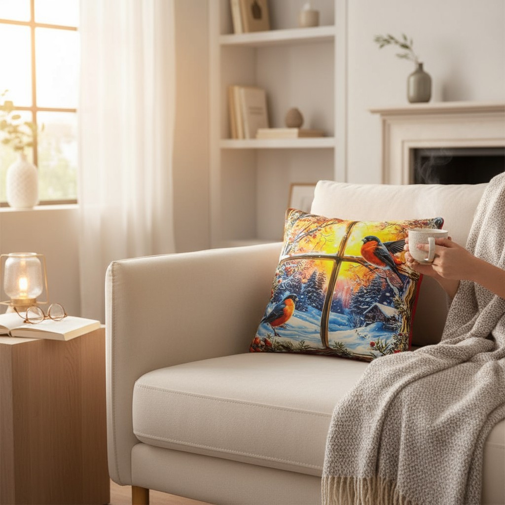 

Подушка декоративная Фабрика Новый год Рождество, снегири за окном